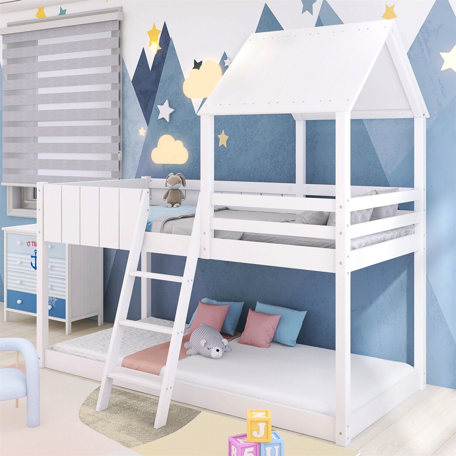 Wooden Bunk Beds 3FT Treehouse Loft Bed Kids Mid-Sleeper Cabin Bed 90x190 White