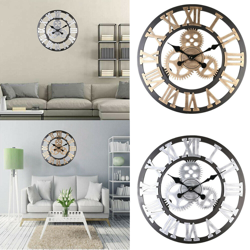 60cm Large Roman Numerals Wall Clock Indoor Outdoor Steampunk Cog Gear Clock