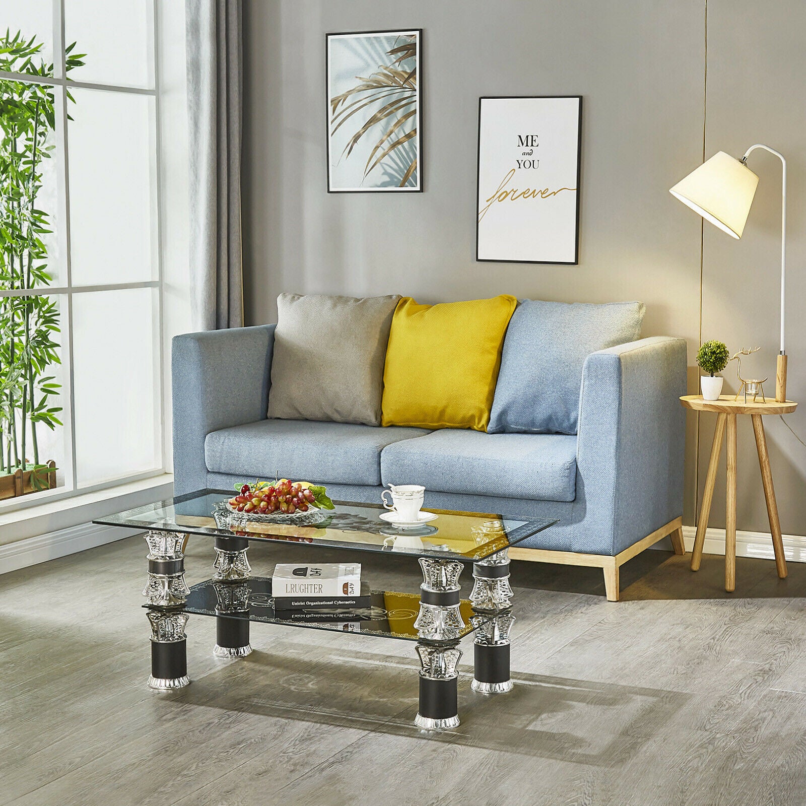 Clear Glass Coffee Table Rectangle Tempered Floral Luxury w/ Shelf Living Room