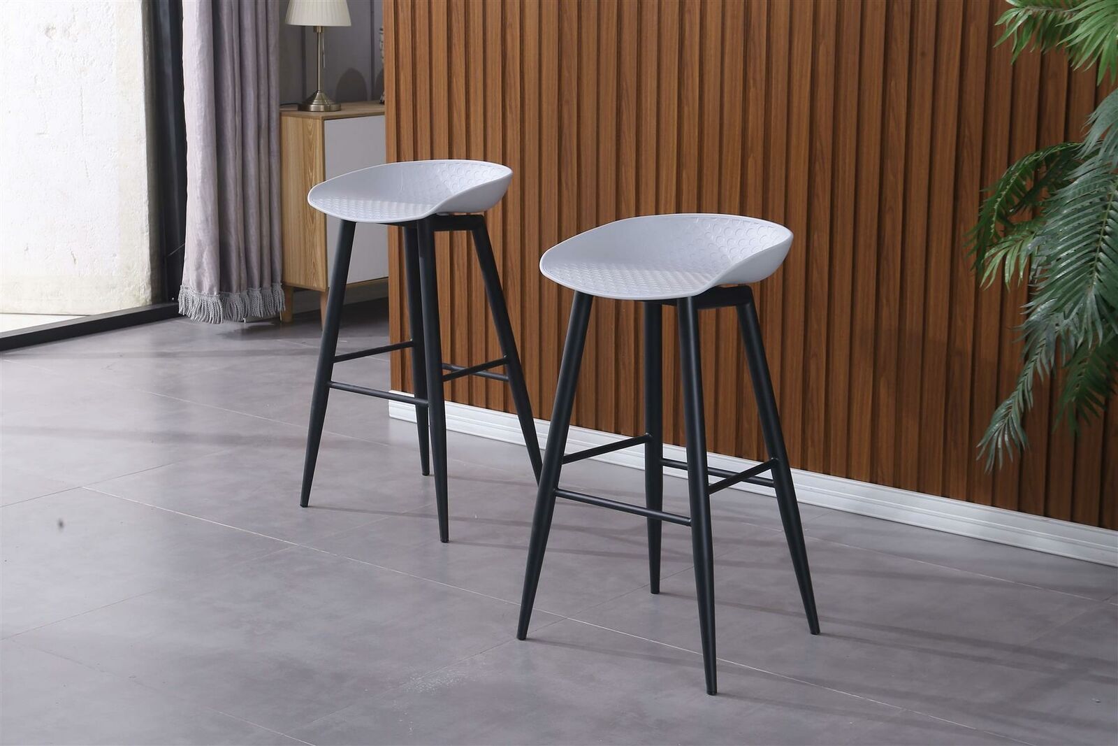2x Light Grey Barstools Plastic Seat and Black Metal Legs Home Kitchen Bar