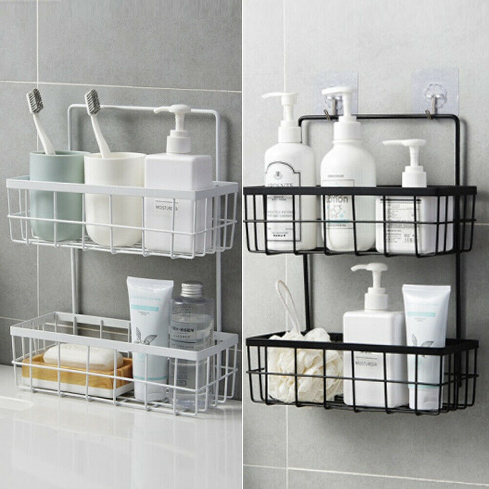 Wall Mounted Metal Wire Storage Basket 2 Tier Bathroom Shower Caddy Organizer
