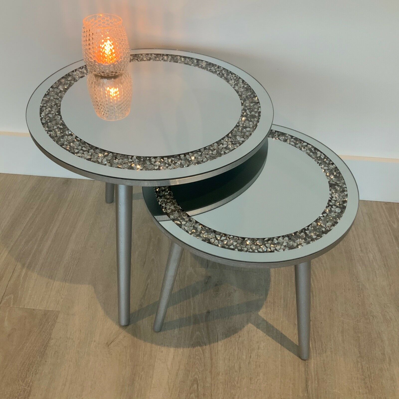 Round Crystal Mirrored Side Table Silver Sparkly Mirror Side Contemporary Retro