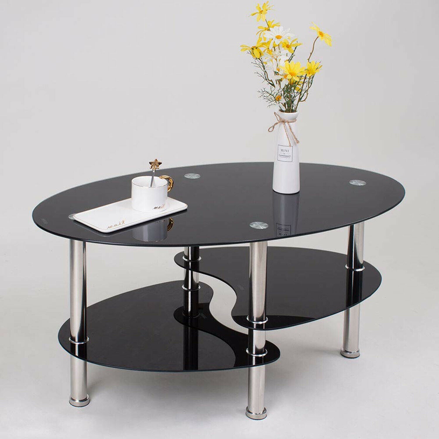 Rectangle Glass Coffee Table Modern Living Room Furniture Top Lower Shelf Chrome