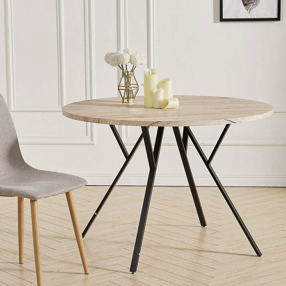 Round Dining Table 110cm Wooden Top With Metal Legs Kitchen Dining Room Table