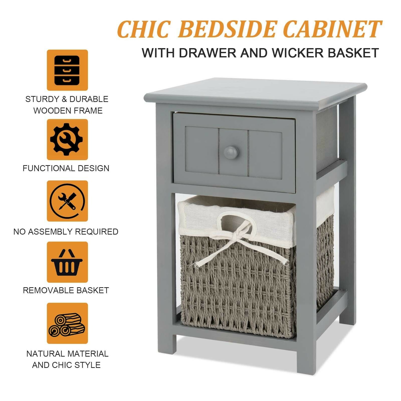 New Grey Bedroom Bedside Table Unit Cabinet Nightstand Wicker Storage Wooden UK