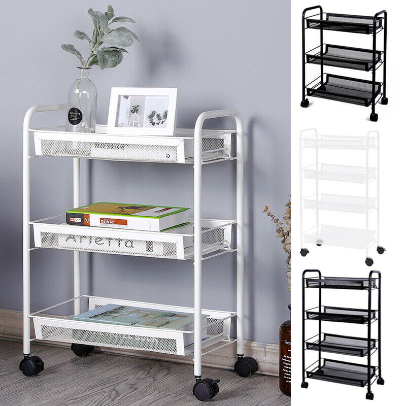 3 4 Tier Metal Mesh Rack BarStorage Trolley Cart Kitchen Bathroom Shelf w/Wheel