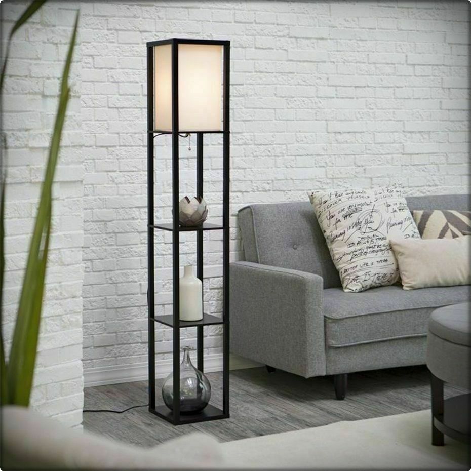 3-Tier Shelf Floor Lamp w/Shade Standing Light Open Shelves Storage Living Room