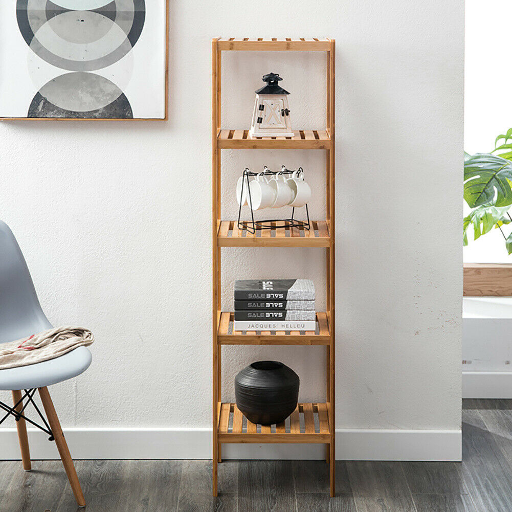 3/4/5 Tiers Wood Bamboo Bathroom Kitchen Ladder Shelf Storage Rack Free Standing