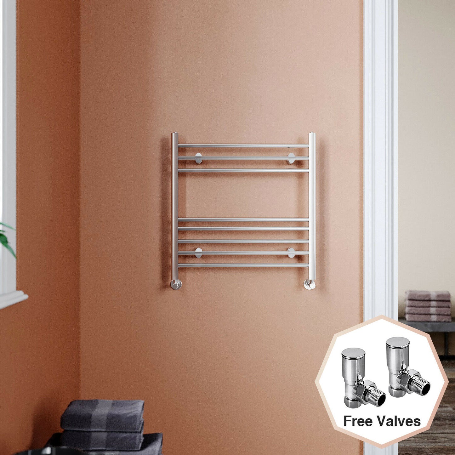 Chrome Towel Rail Radiator Rads Bathroom Heated Straight Ladder Warmer w/ Valves