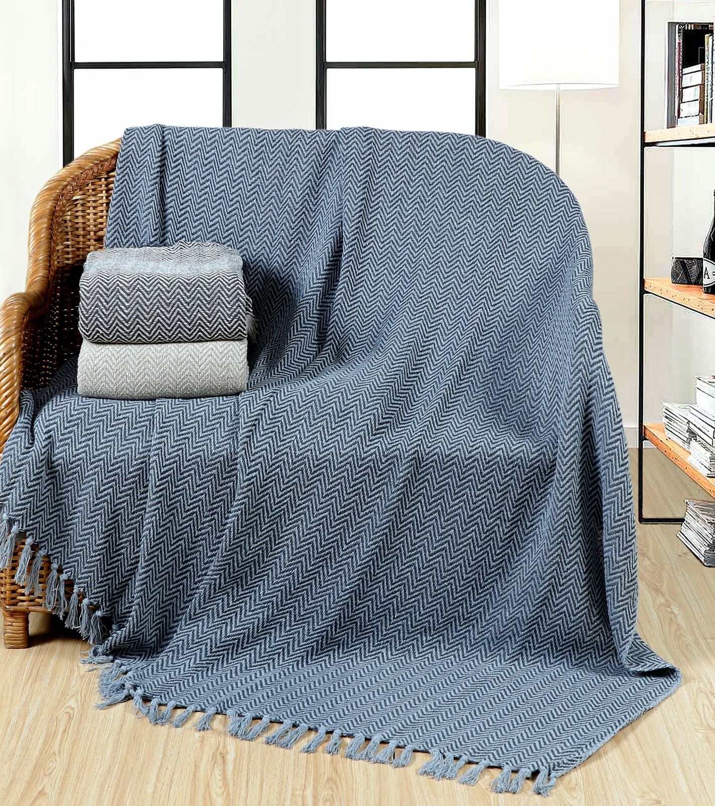 100% Cotton Chevron Throw Blanket For Sofa Bed Settee Large With Tassel 3 Sizes
