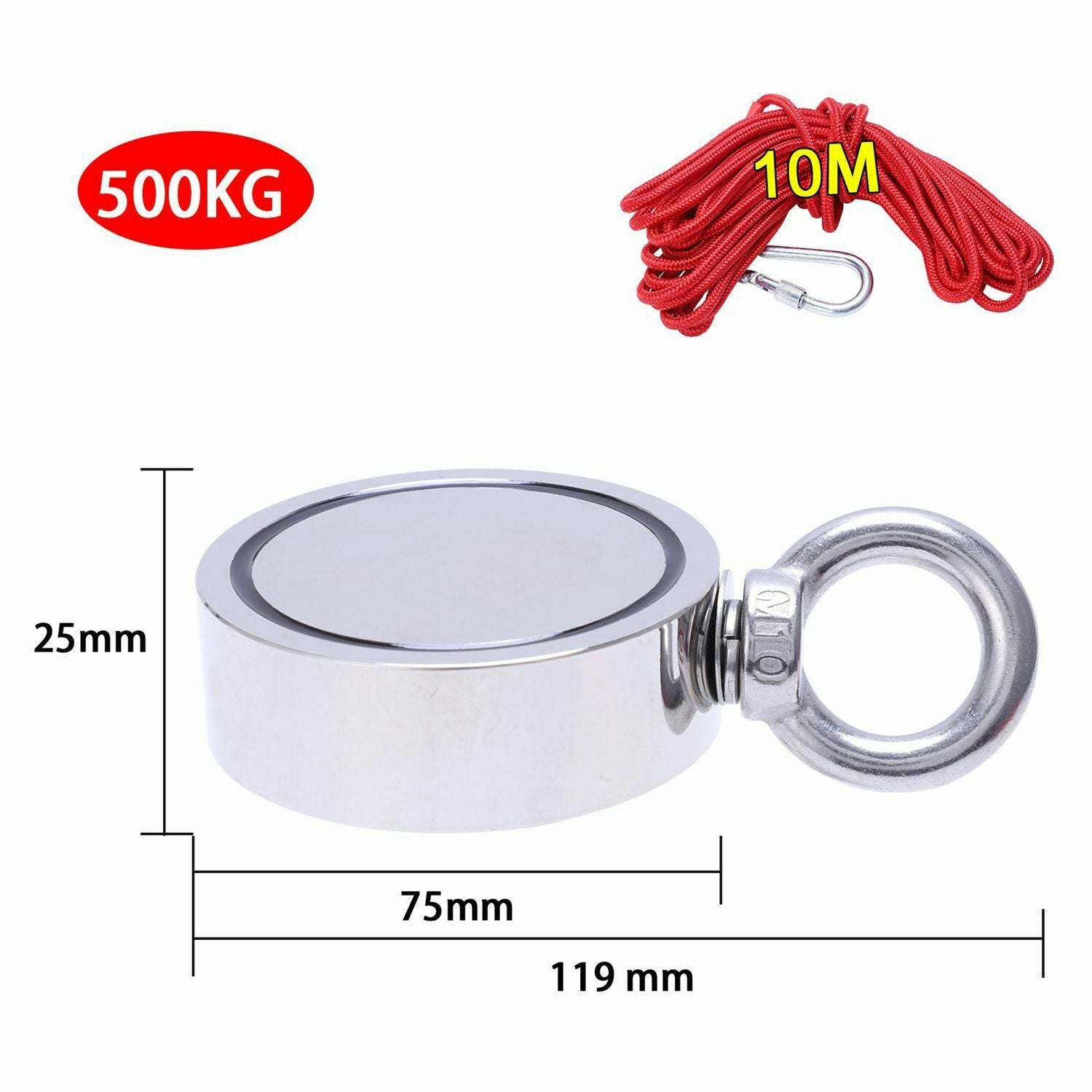 90kg-500kg Double Sided Large Powerful Neodymium Magnet Fishing & 10m Rope Set