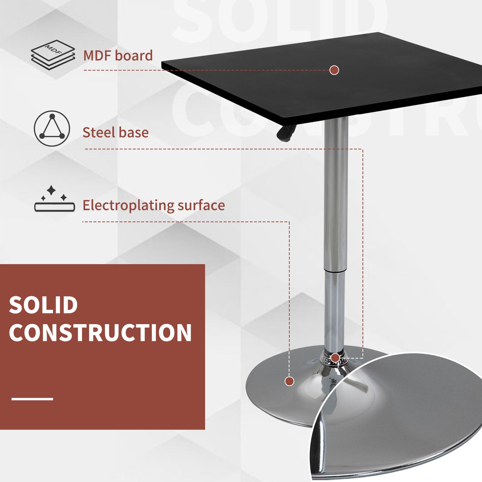 Modern Height Adjustable Bar Table with Square Tabletop and Metal Base Home