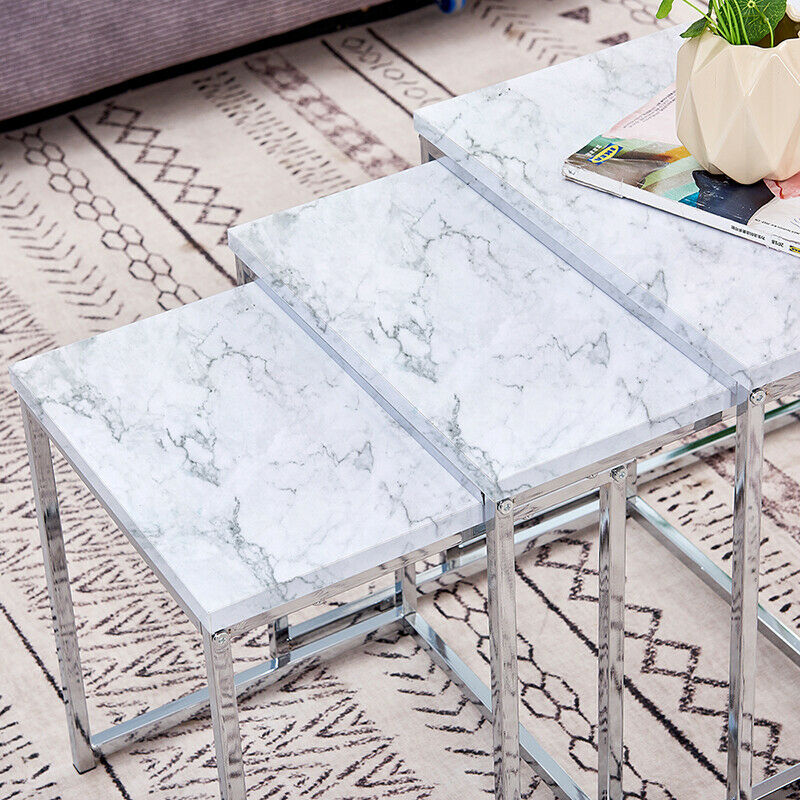 3 Pcs Nest of Table Side Beside Sofa Nested Table Living Room White Marble Vein