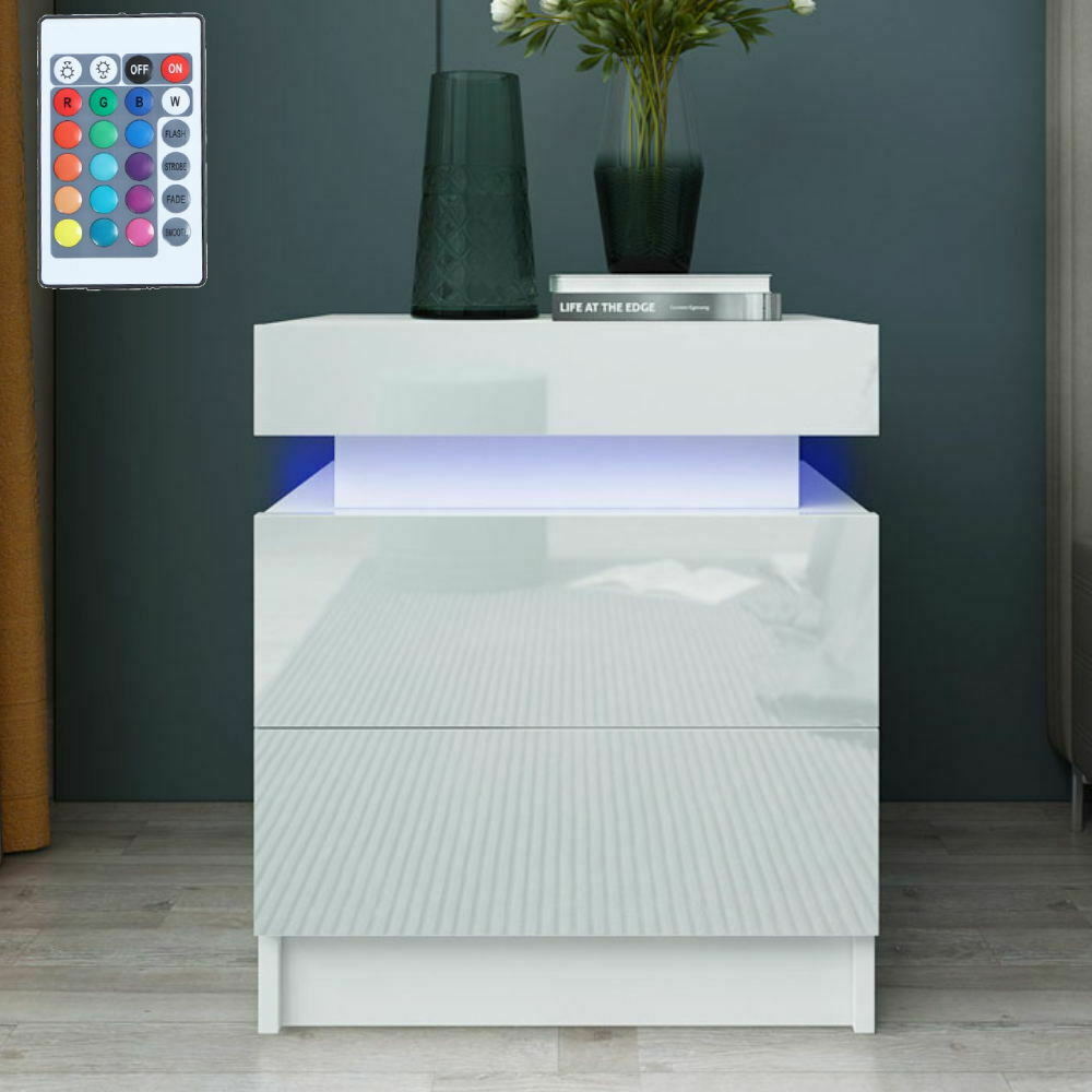 High Gloss Bedside Table Cabinet Bedroom Storage Nightstand with RGB LED Light