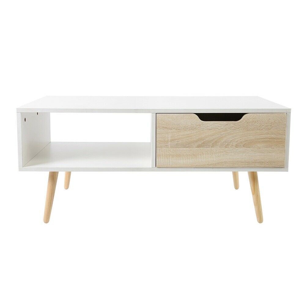 2 Tier Modern Coffee Table Rectangle Wood Living Room Storage Shelf 1 Drawer