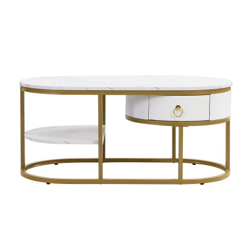 2-Tier Coffee Table Marble Effects Cocktail Table Accent Table with Drawer HT