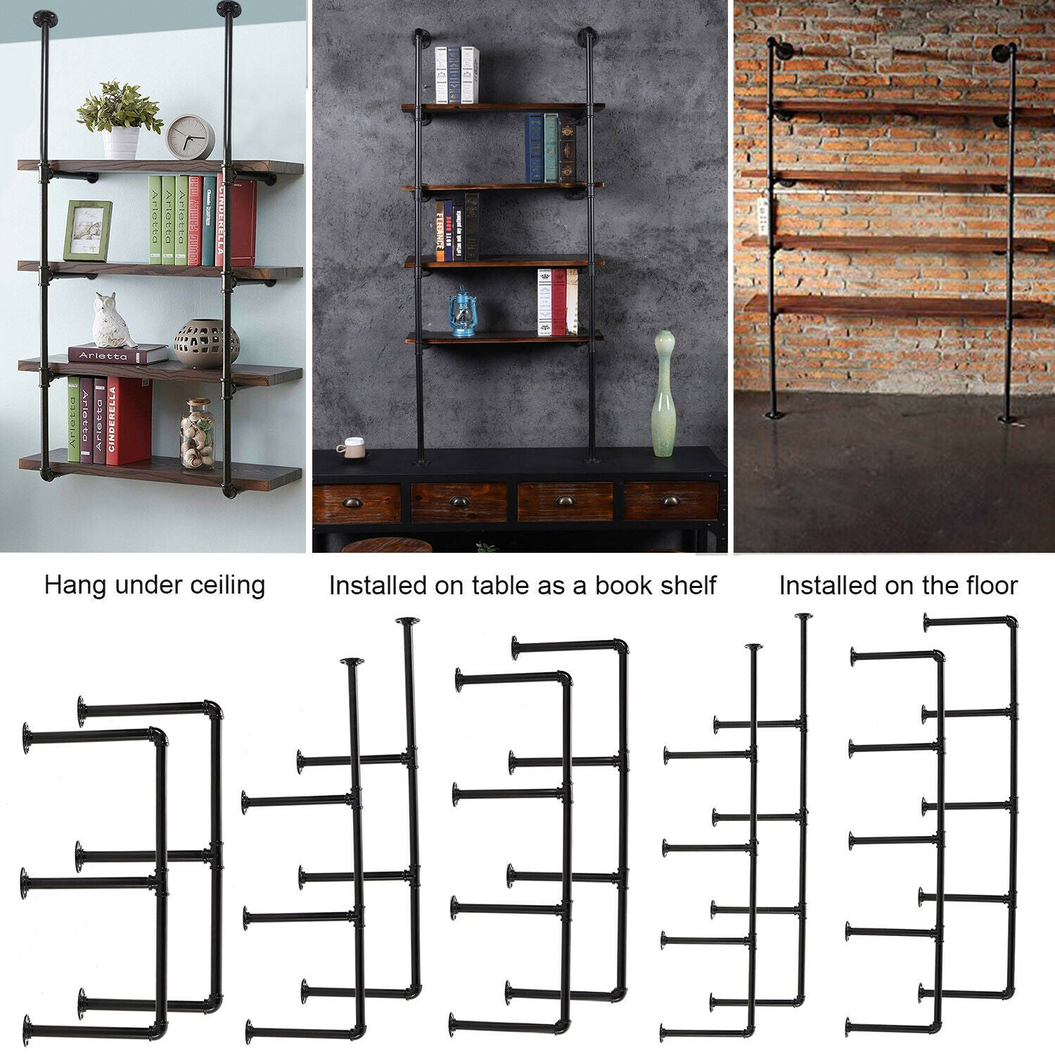 3-5.5 Tier Industrial Wall Rack Pipe Hanging Storage Display Shelving Bracket UK