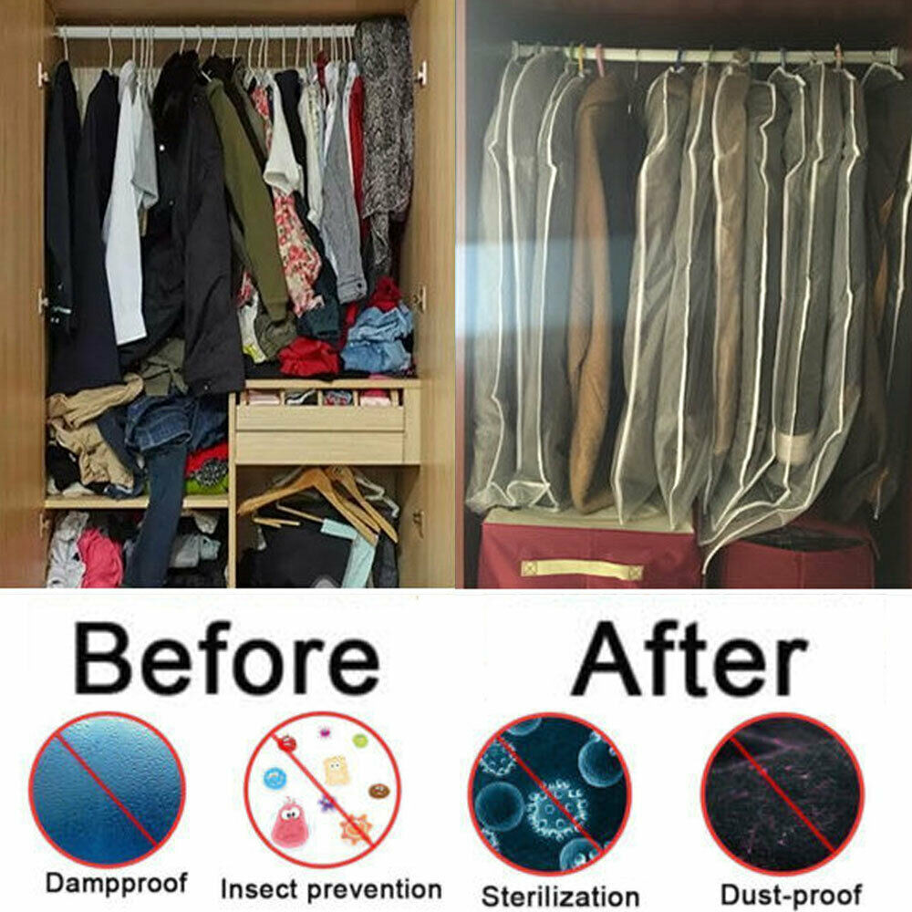 6x Polythene Clear Garment Covers Dress Suit Coat Protector Dustproof Zip Bag UK