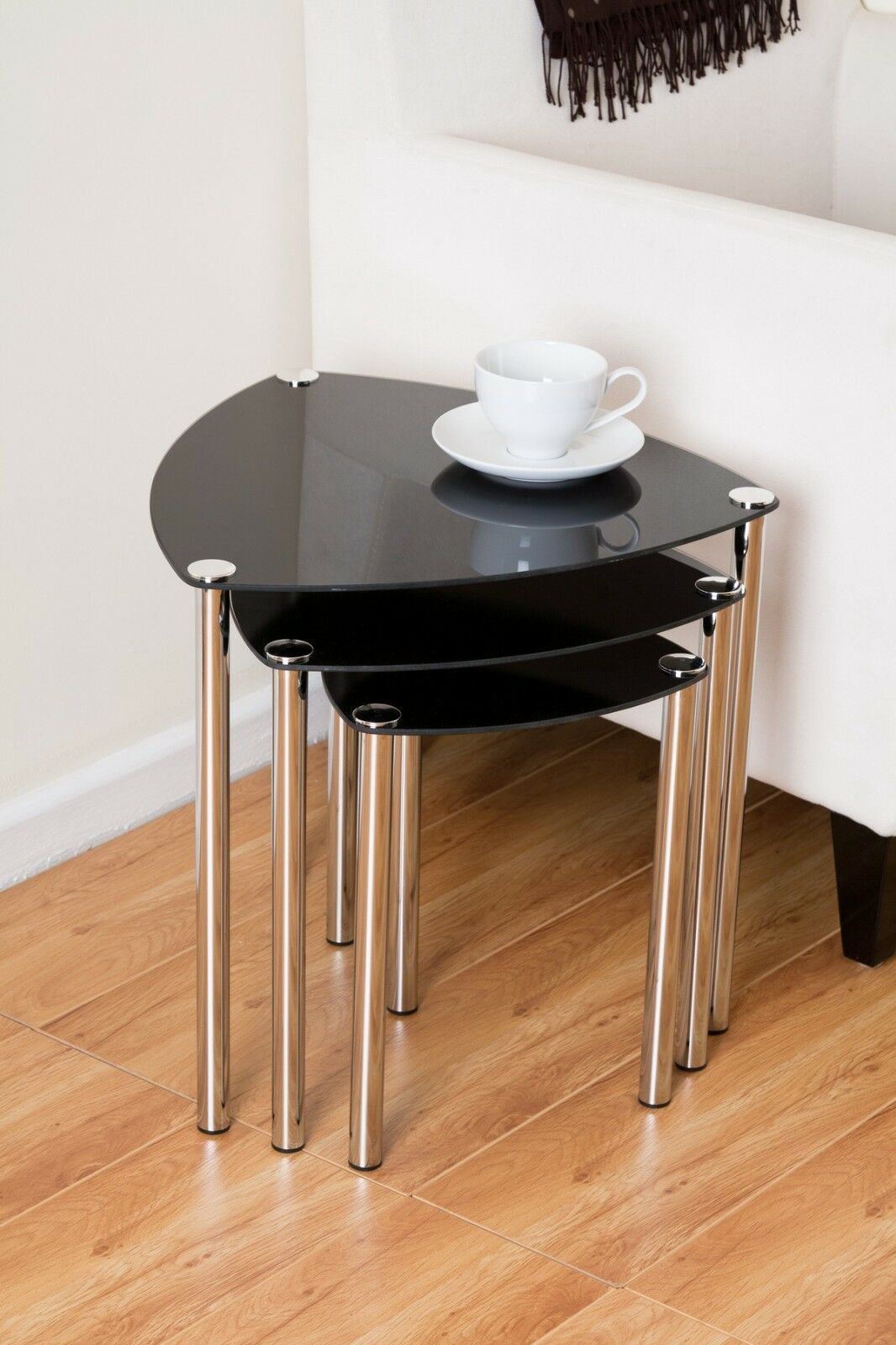 SET OF 3 NESTING TABLES/END SIDE TABLE-Black Glass,Chrome Legs -