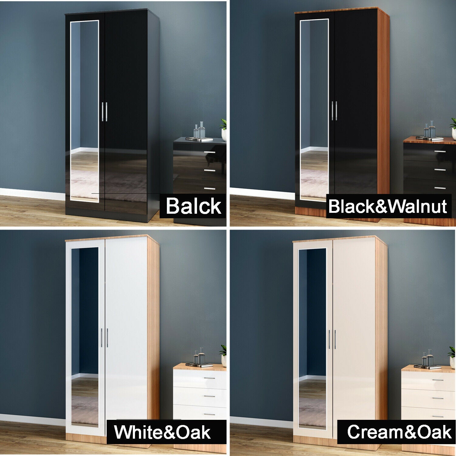 High Gloss 2 Door Wardrobe Mirrored Bedroom Furniture 3 pcs Set Large Storage