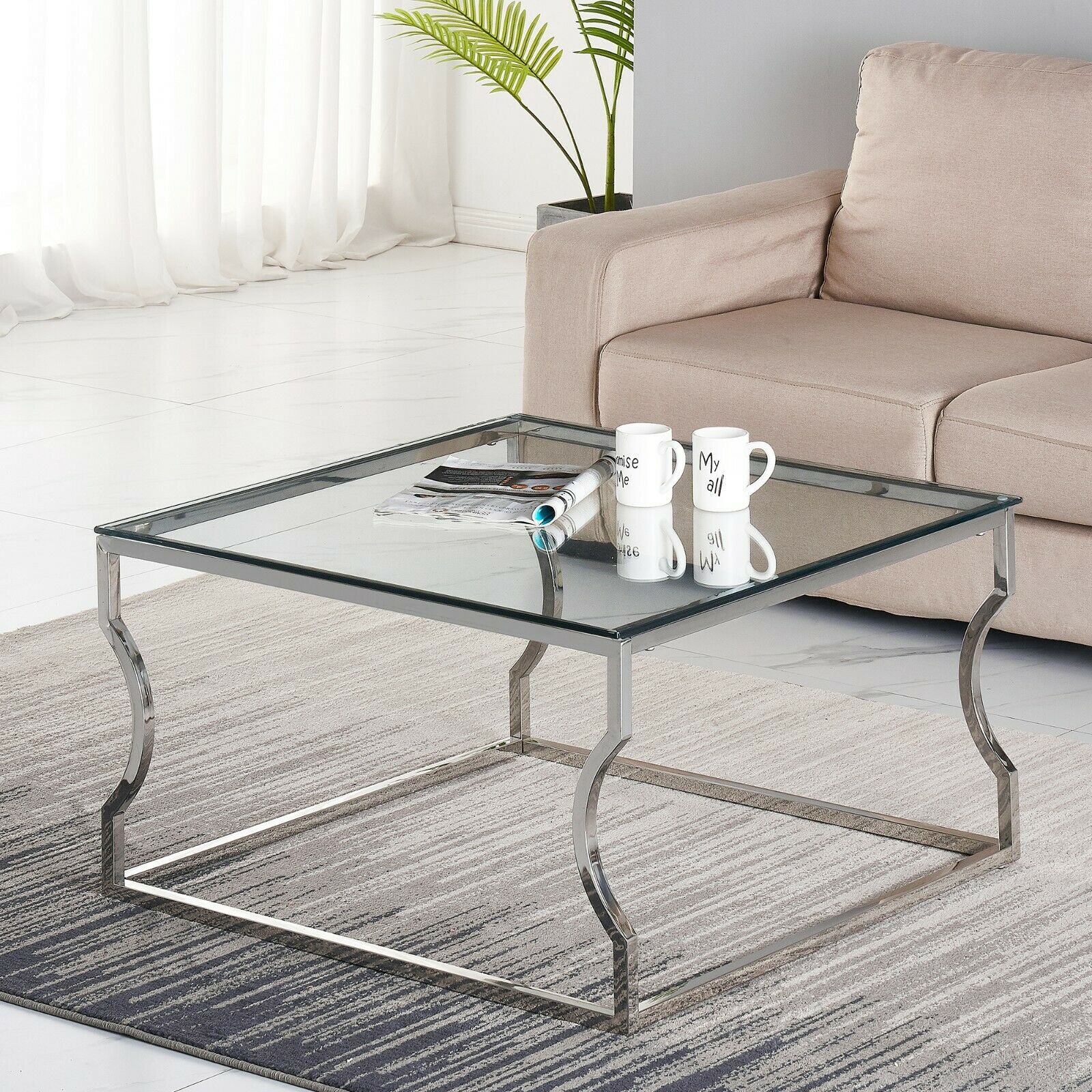 Console Coffee End Table Tinted Tempered Glass Furniture Chrome Crescent Leg