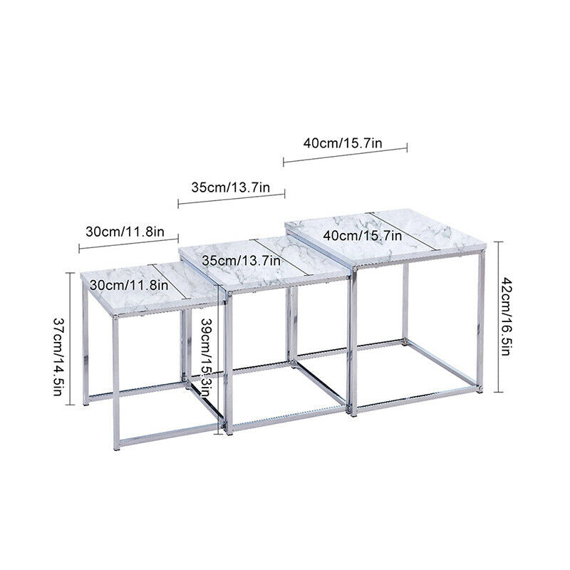 3 Pcs Nest of Table Side Beside Sofa Nested Table Living Room White Marble Vein