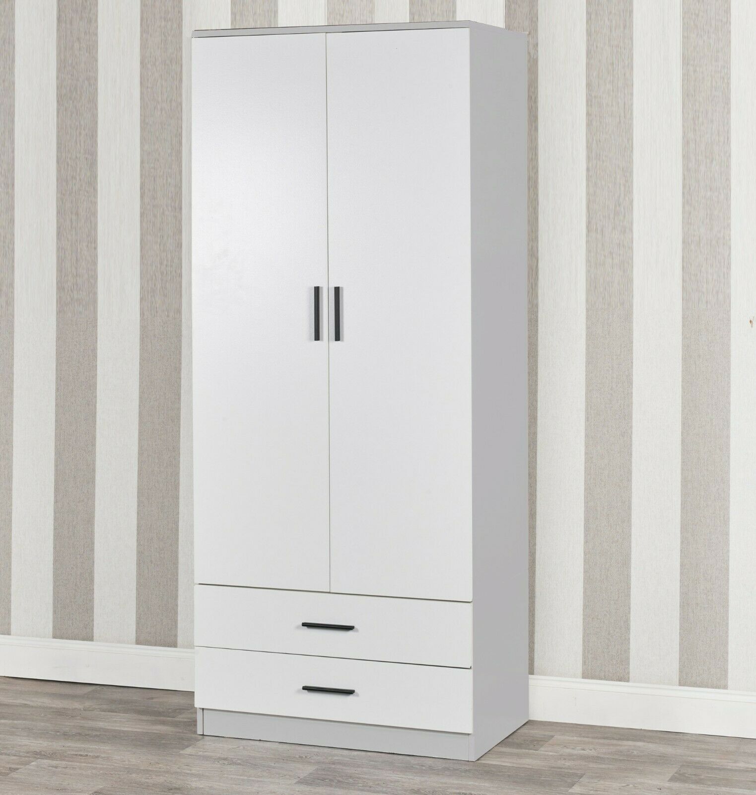 Tall Wooden 2 Door Wardrobe With 2 Drawers Bedroom Storage Hanging Bar Clothes