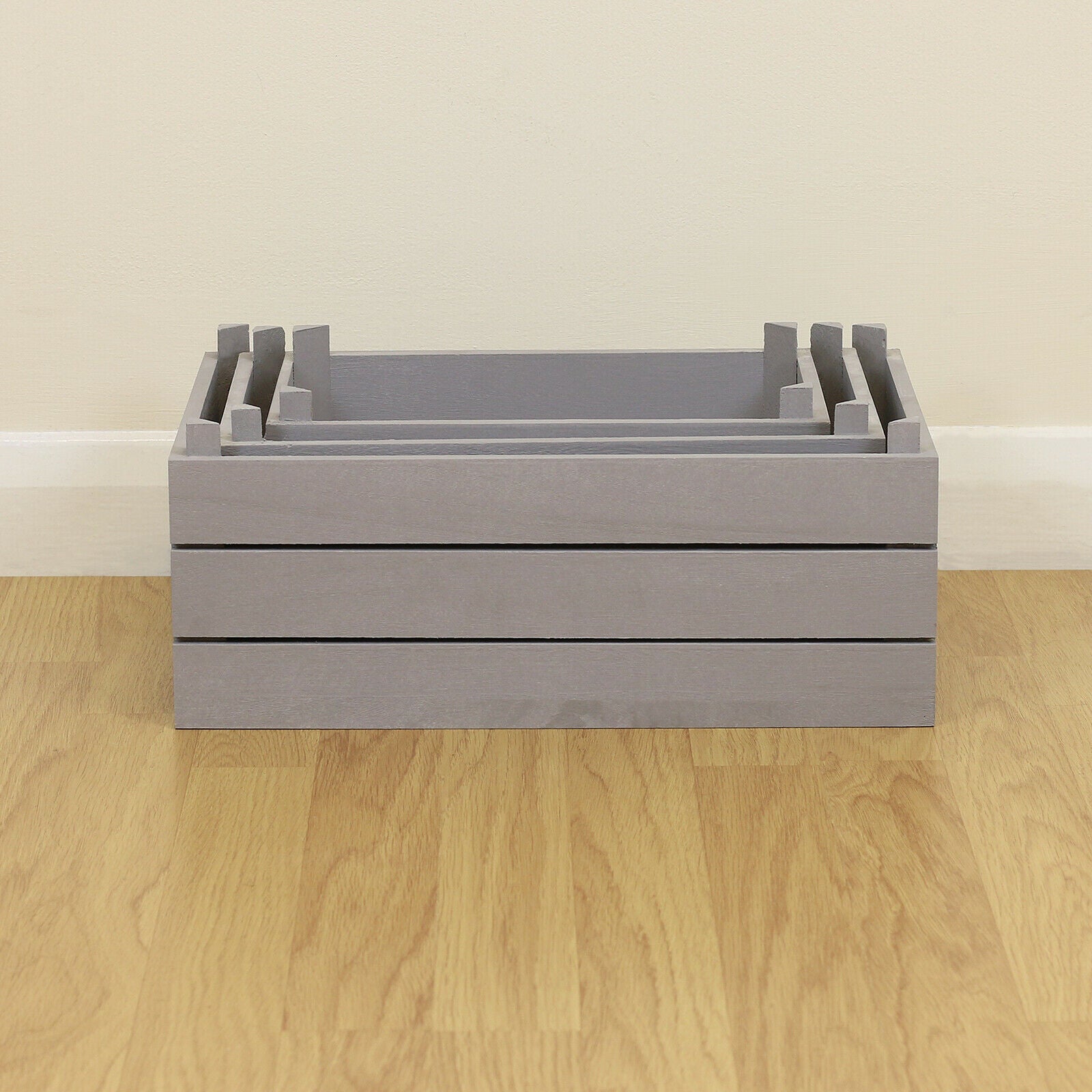 Set of Grey Wooden Slatted Apple Crates 3 x Home Storage/Display Hamper Boxes