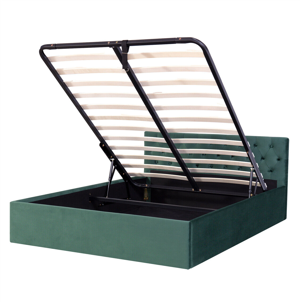 Velvet Upholstered Bed Frame 4ft6 Double Size Storage Bed With Headboard Green