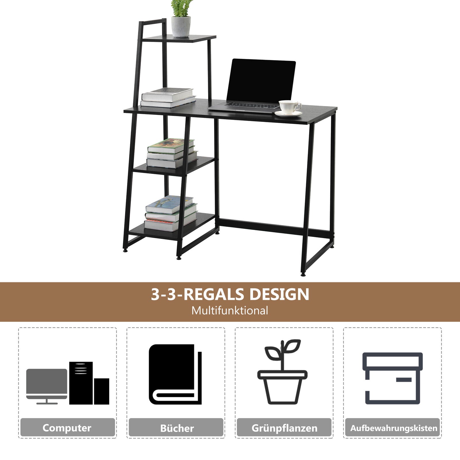 Computer Desk With 4 Tier Storage Shelves Desk Table with Bookshelf Home Office