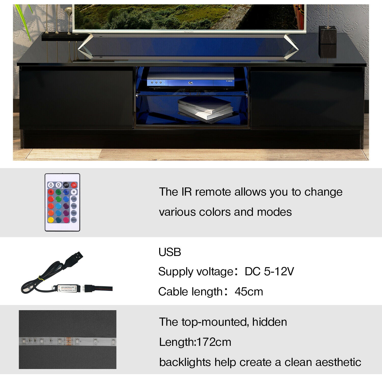 TV Unit Cabinet Stand Sideboard Modern Furniture with 16 Colors LED RGB lights