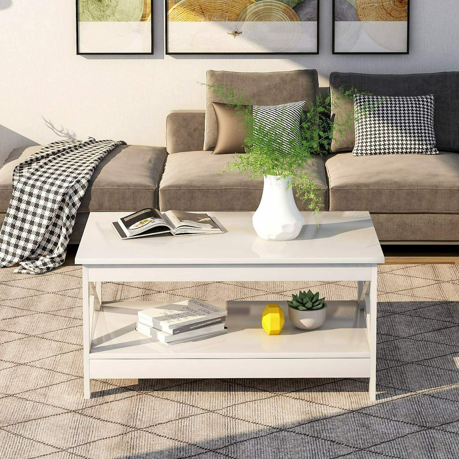 Side Tea Table Wood Coffee Table Modern X Designed Shelf for Living Room Teapot