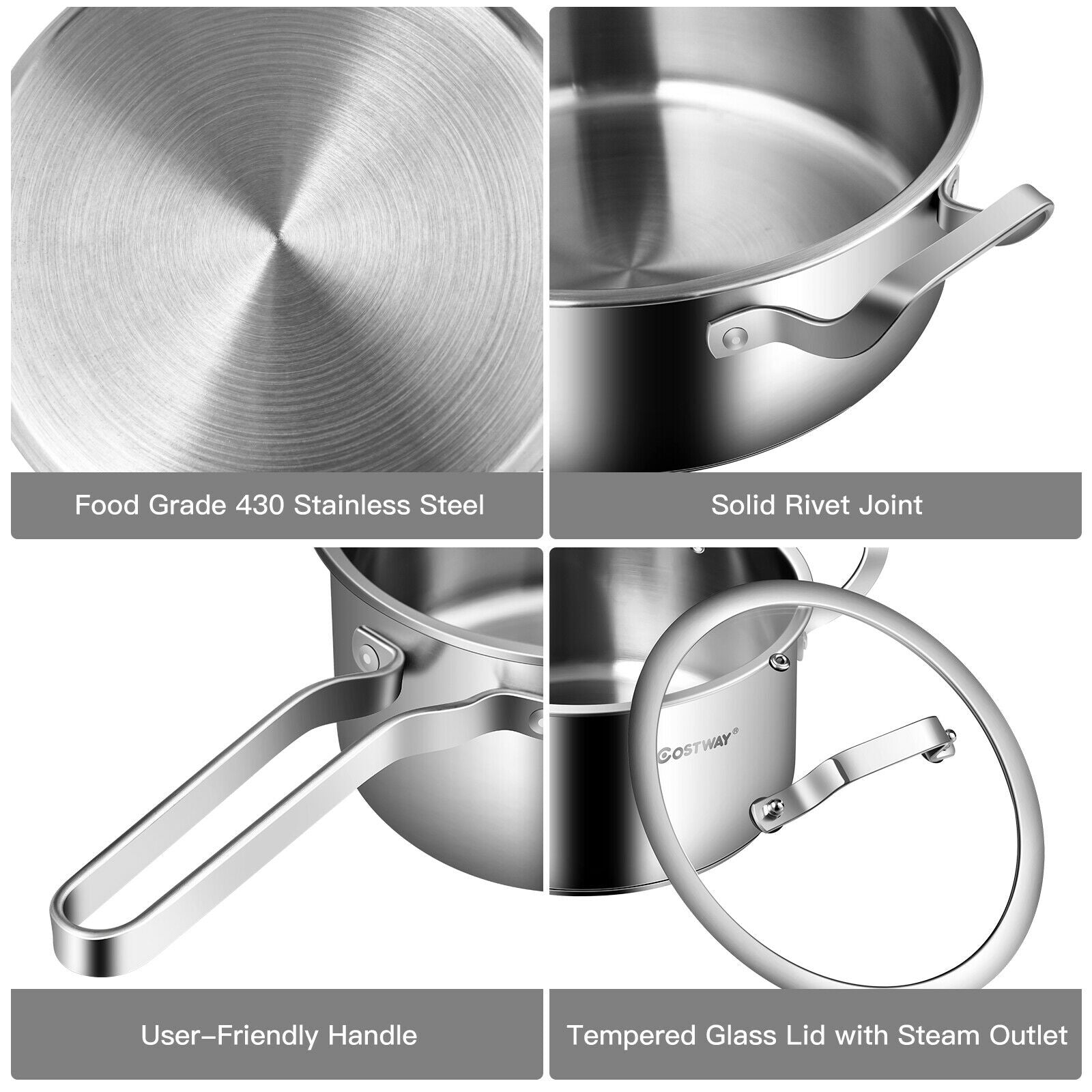 3 Piece Stainless Steel Pot Kitchen Cookware Set W/ Frying Pan Stockpot Milk Pot