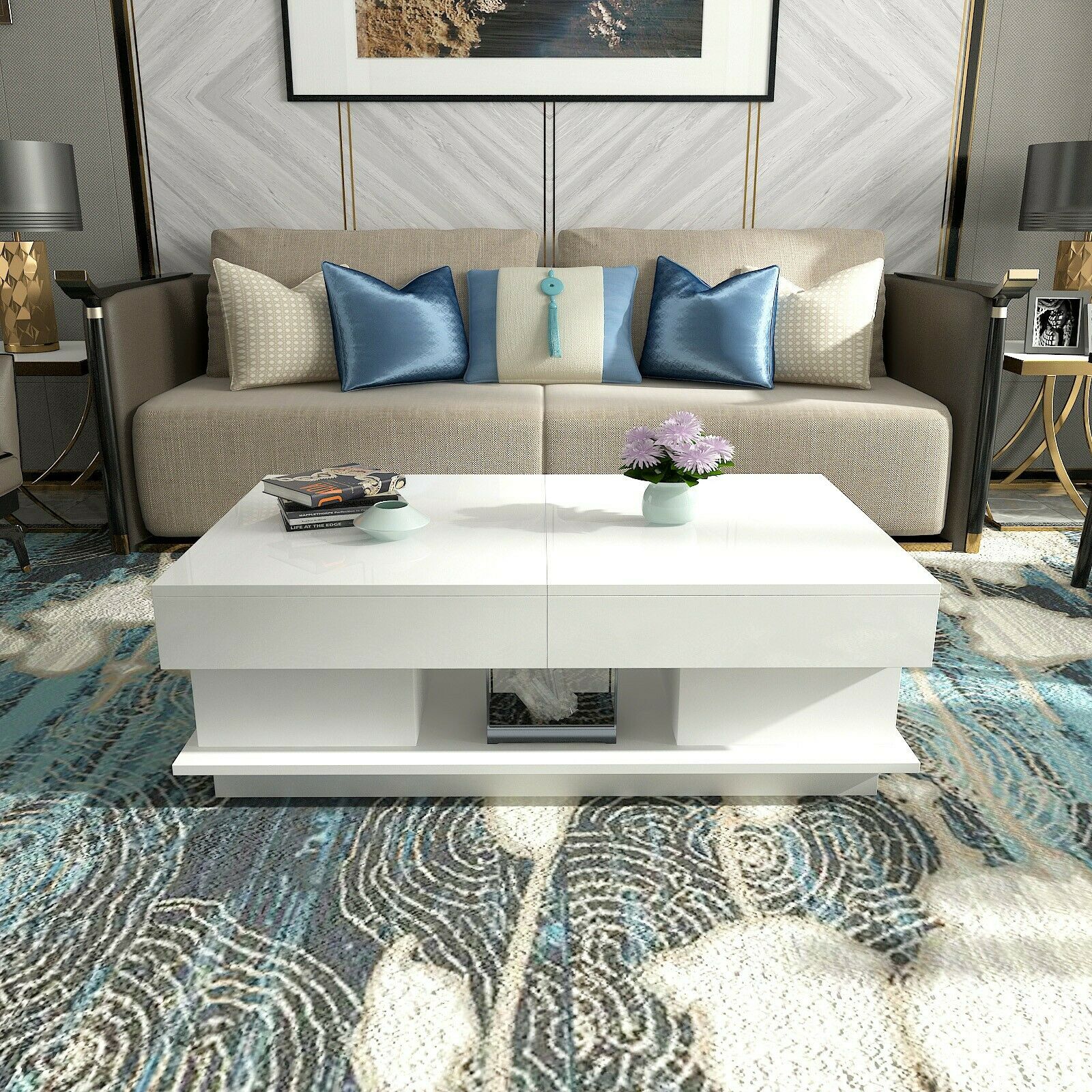 Modern High Gloss Coffee Tables End Side Table 2 Drawers Living Room White/Black