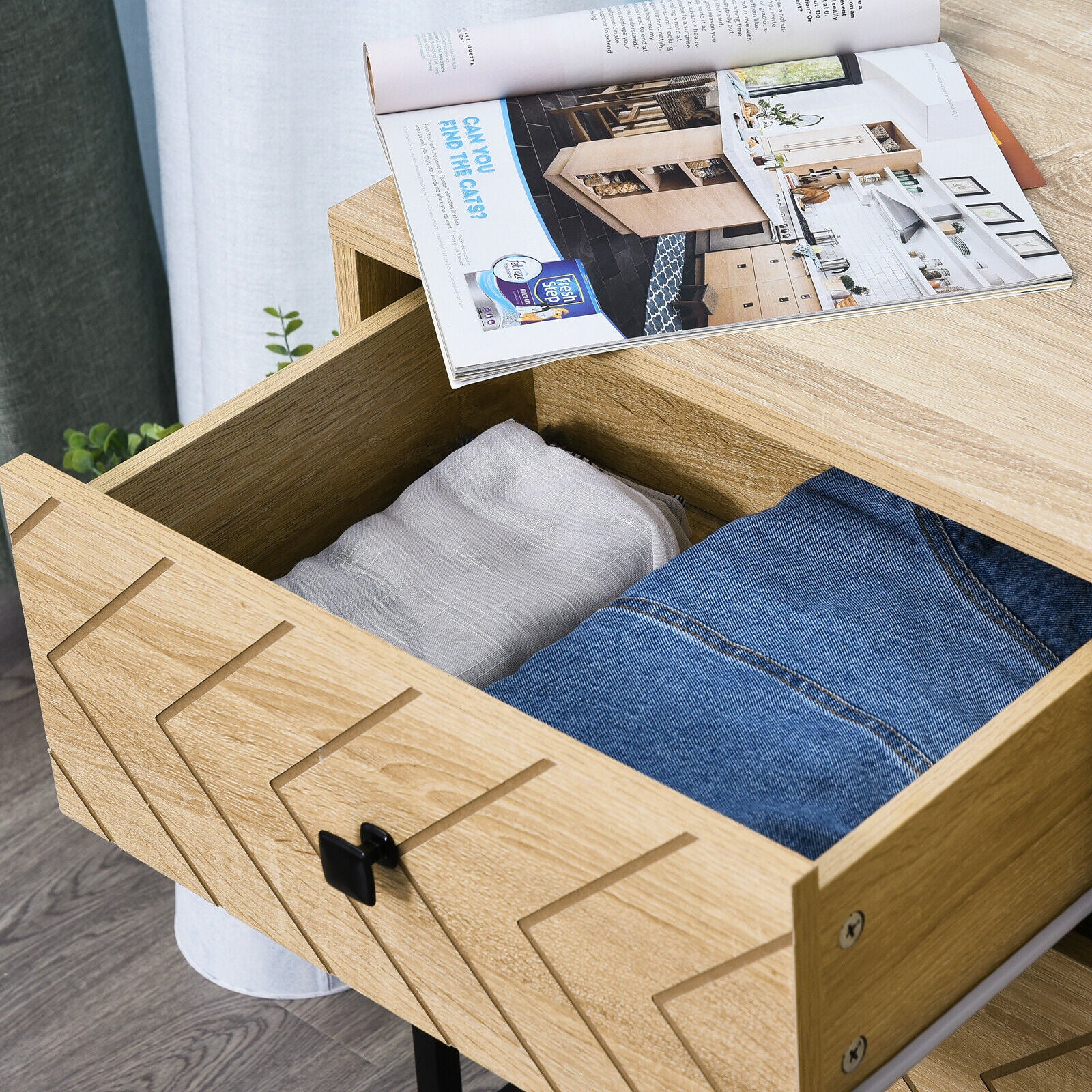 Bedside Table Unit Unique Zig Zag Design w/ Black Metal Handles Melamine