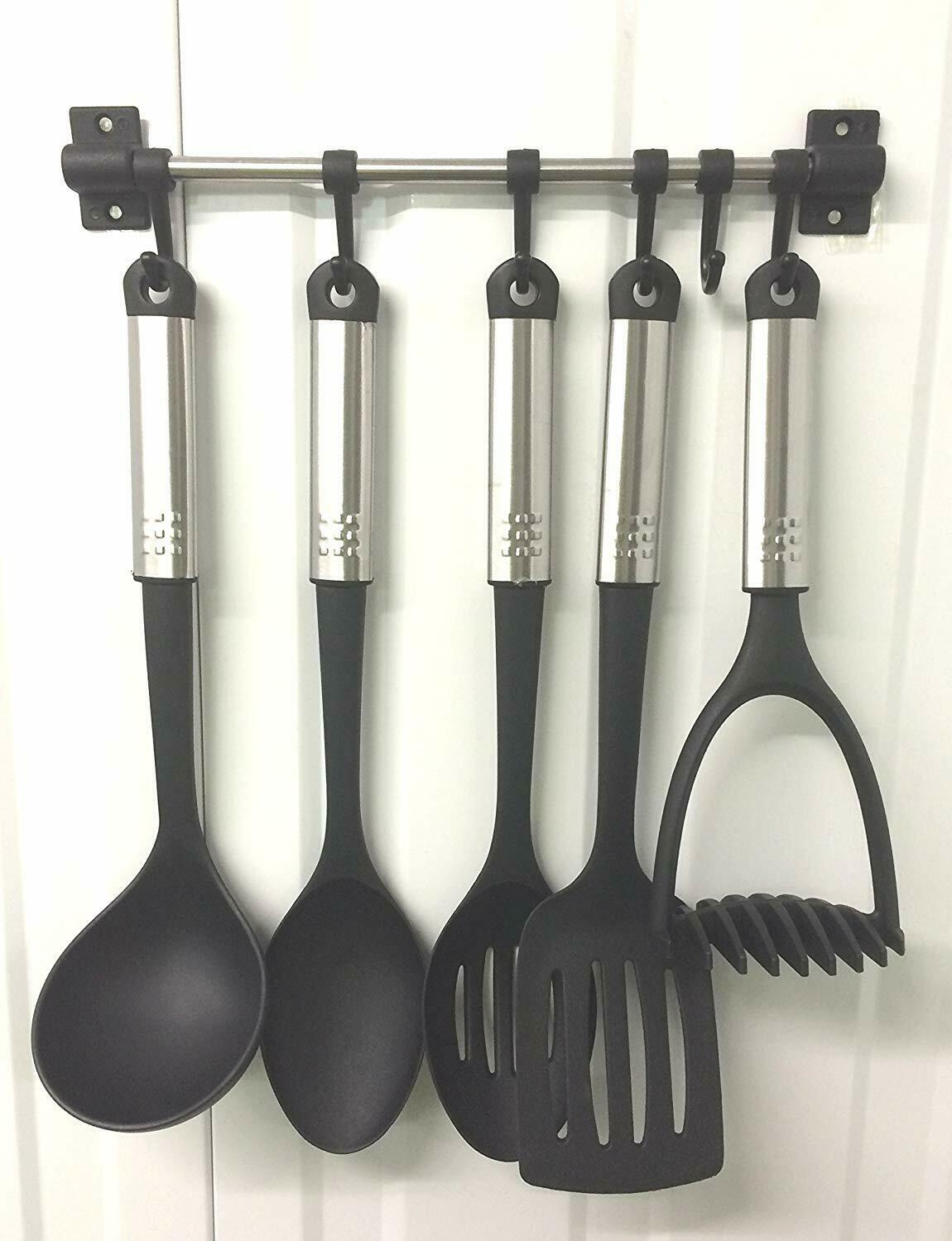 6 HOOK KITCHEN UTENSIL TOOL HOLDER STORAGE WALL RACK RAIL MOVABLE HOOKS FIXTURE
