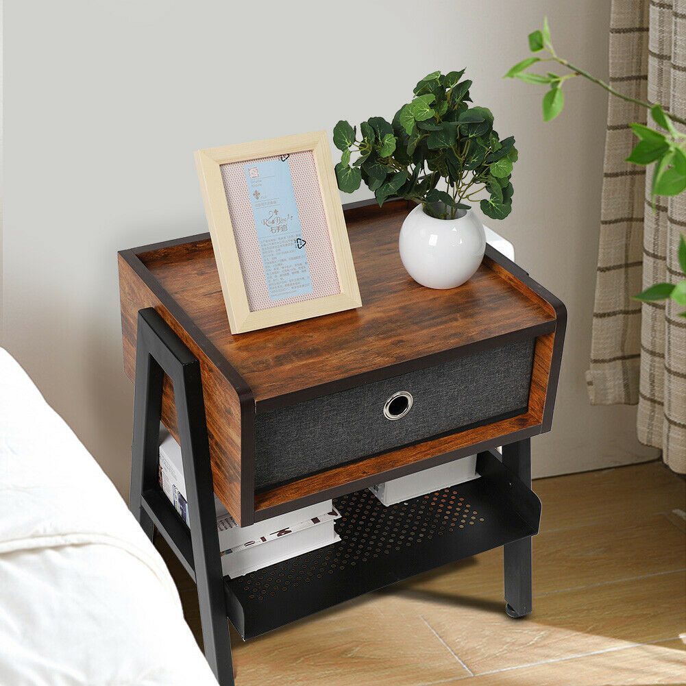 Industrial Bedside Table Fabric Drawer & Low Shelf Nightstand Side Table Cabinet