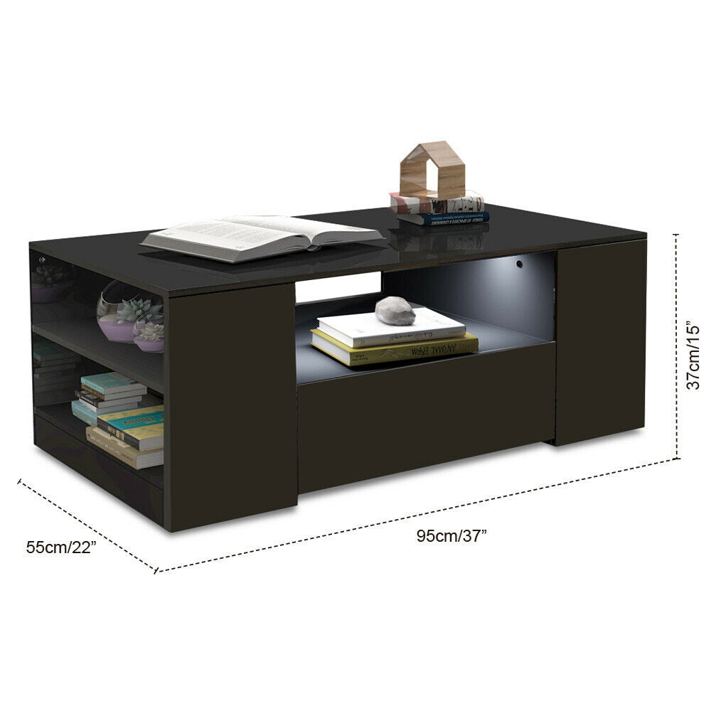 Modern High Gloss Coffee Table With Storage Drawers RGB LED Living Room Wooden