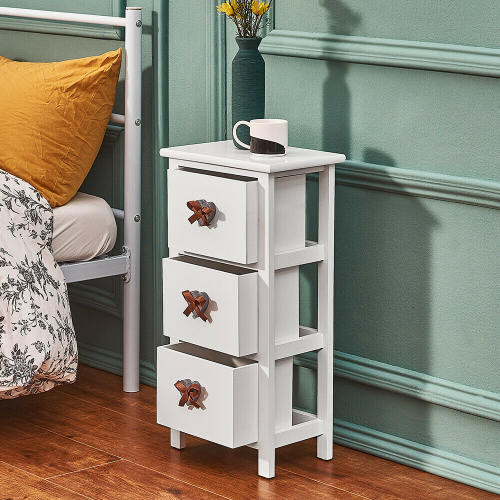 Pair of White Bedroom Bedside Table Unit Cabinet Nightstand with 3 Drawers UK