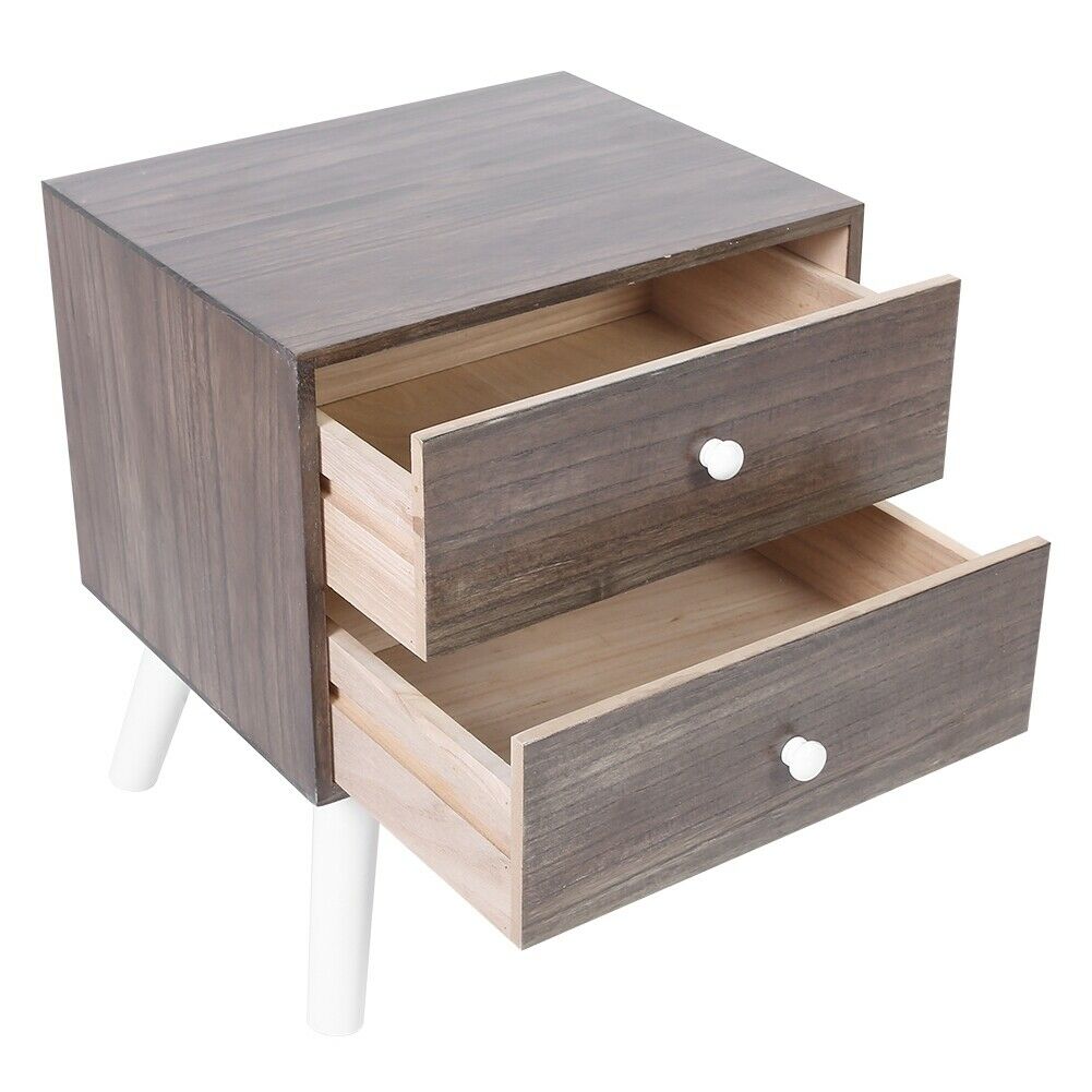 2 Drawer Retro Wooden Bedside Table Cabinet Bedroom Furniture Storage Nightstand