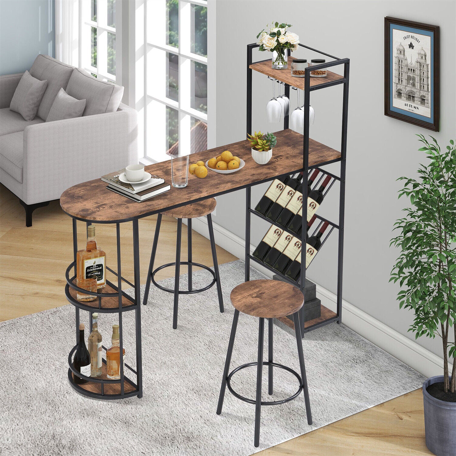 Industrial Bar Table Set with 2 Chairs Dining Set w/ Wine Rack Side Storage HT
