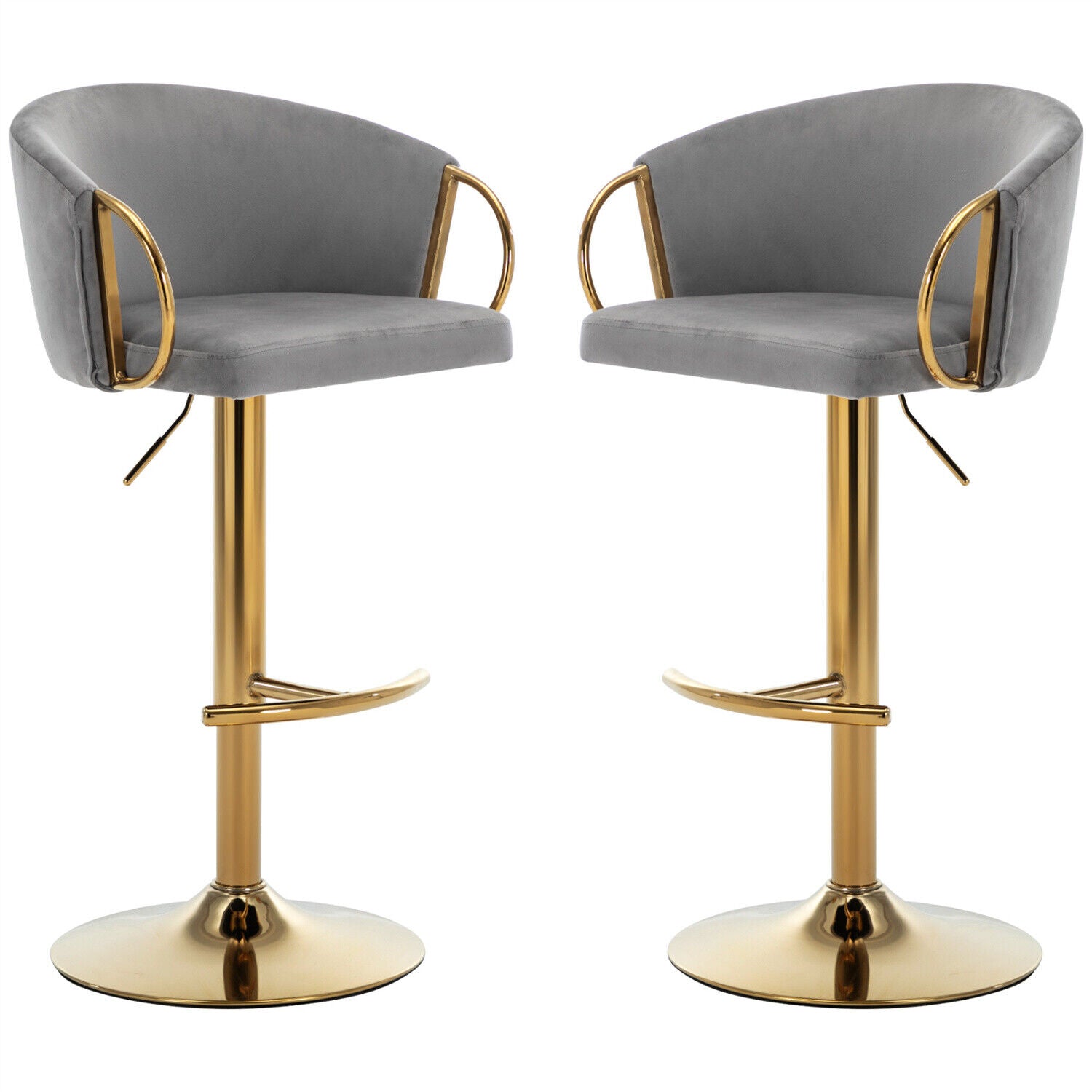 Bar Stools Set of 2 Adjustable Height Swivel Velvet Pub Bar Lounge Chairs Grey