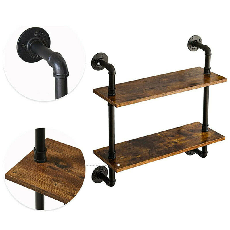 2 Tiers Industrial Floating Iron Pipe Shelf Retro DIY Wall Mounted Bracket
