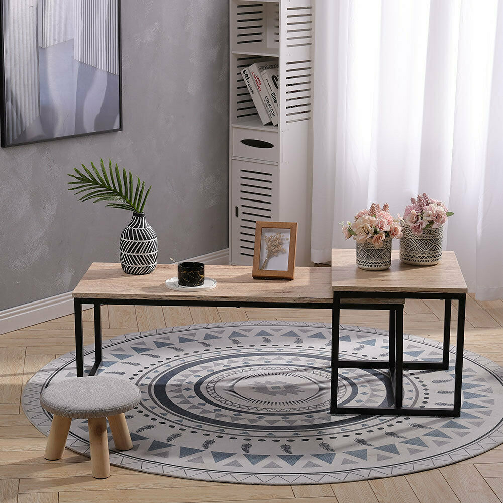 Set of 2 Coffee Tables Side Table Industrial Wooden Top Metal Frame Furniture