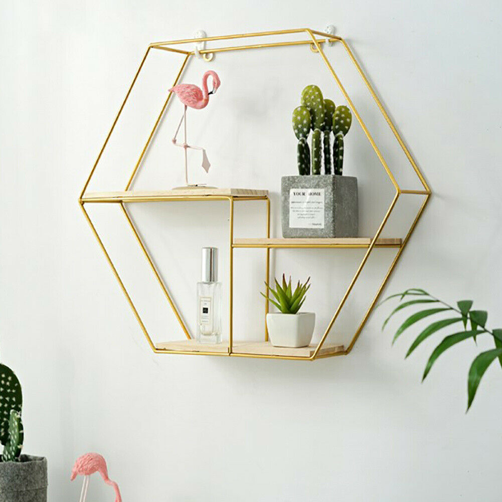 3 Wooden Shelves Metal Wall Mounted Hexagon Shelf Wire Display Storage Rack Unit