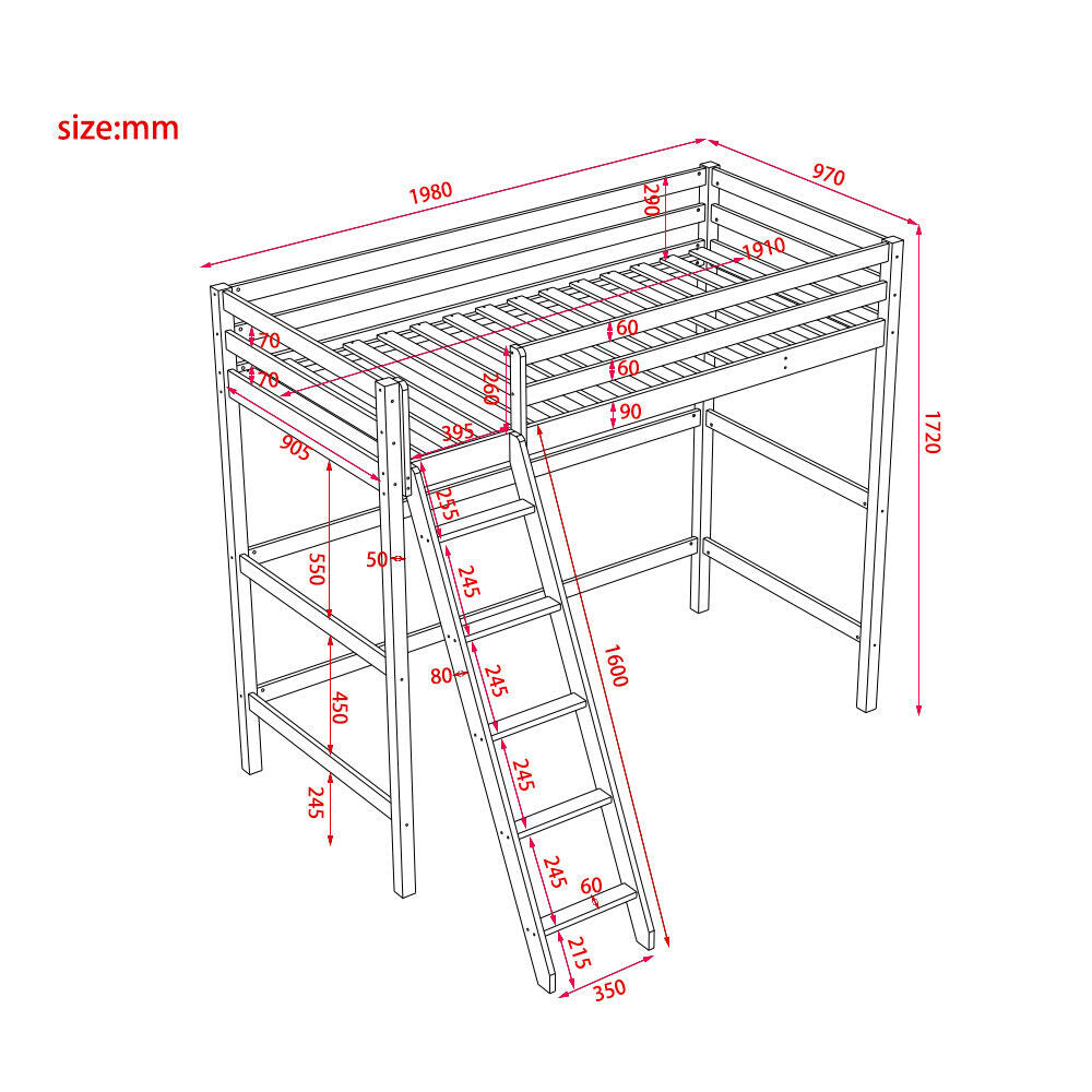 3FT High Sleeper Loft Cabin Bed For Child Kid Wooden Bunk Bed Frame Ladder White