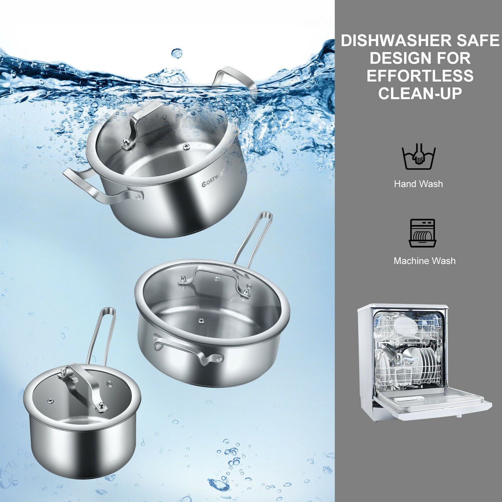 3 Piece Stainless Steel Pot Kitchen Cookware Set W/ Frying Pan Stockpot Milk Pot