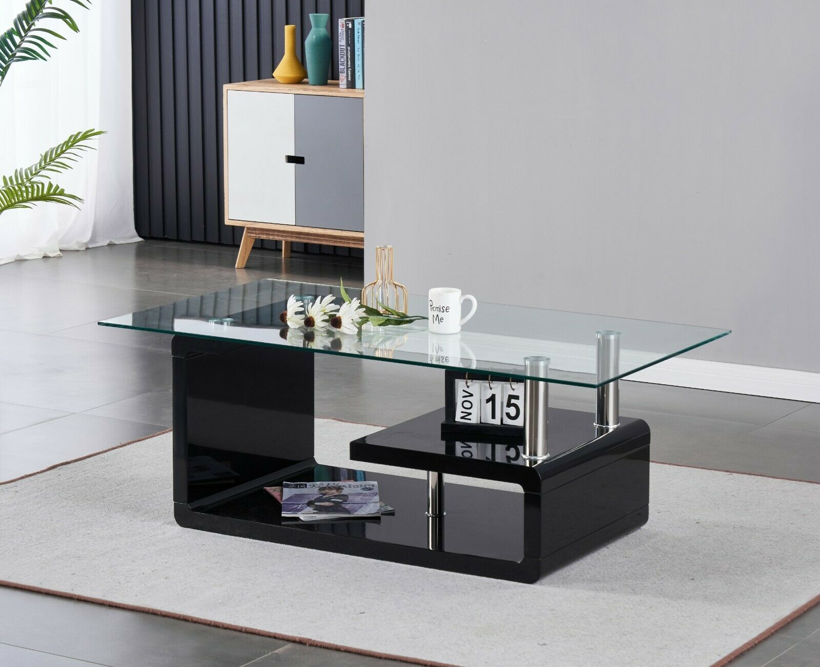 Modern Clear Glass Top with Black Shelf & Black High Gloss Coffee Table Home