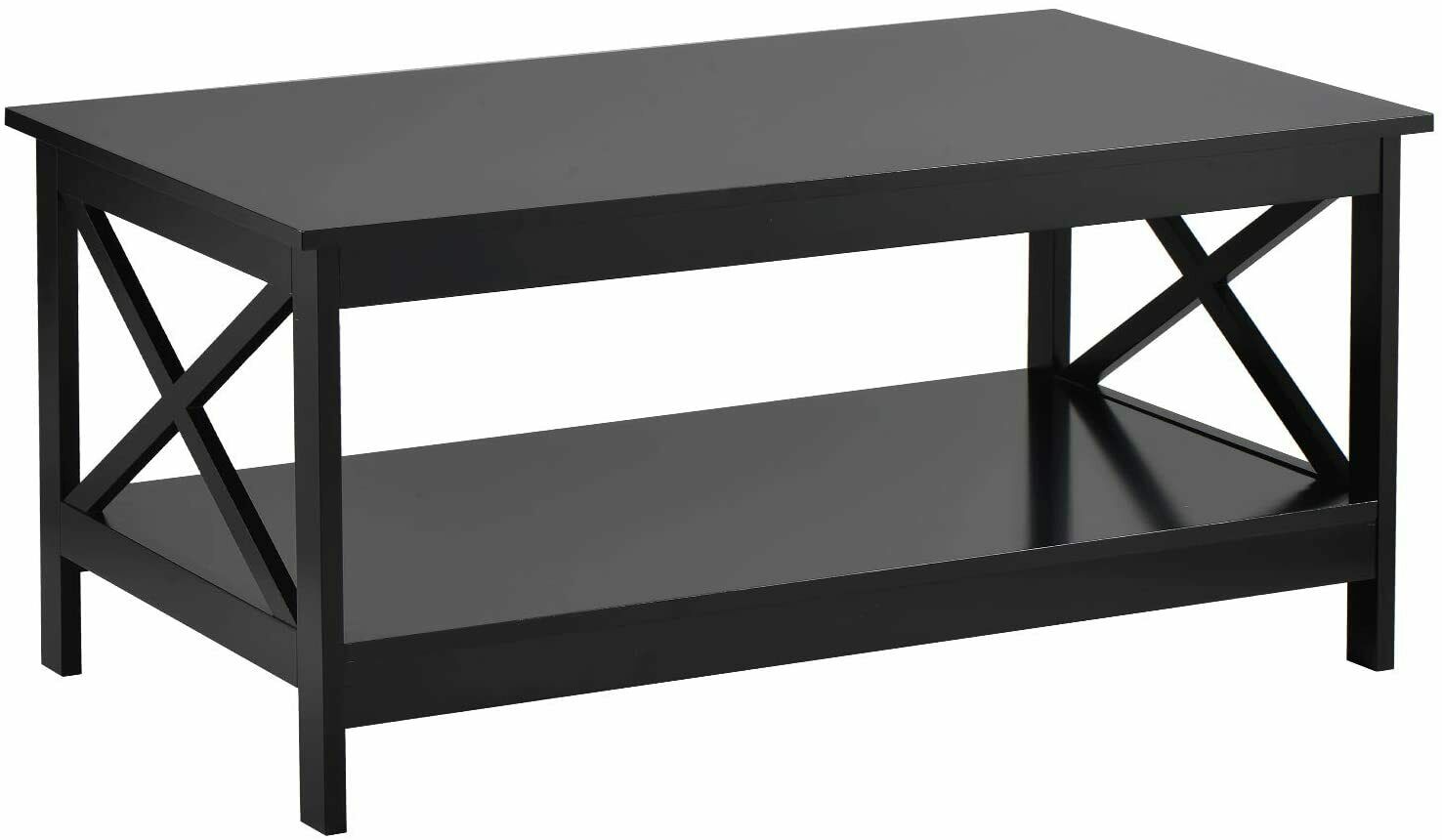Side Tea Table Wood Coffee Table Modern X Designed Shelf for Living Room Teapot