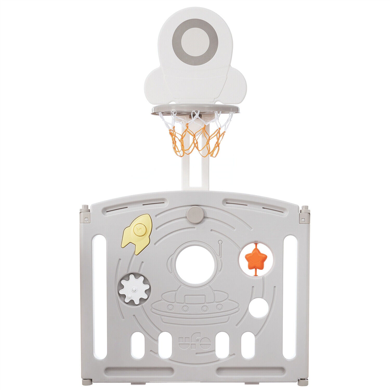 Foldable Baby Playpen with Activity Panel and Basketball Hoop 16 Panels Grey HT